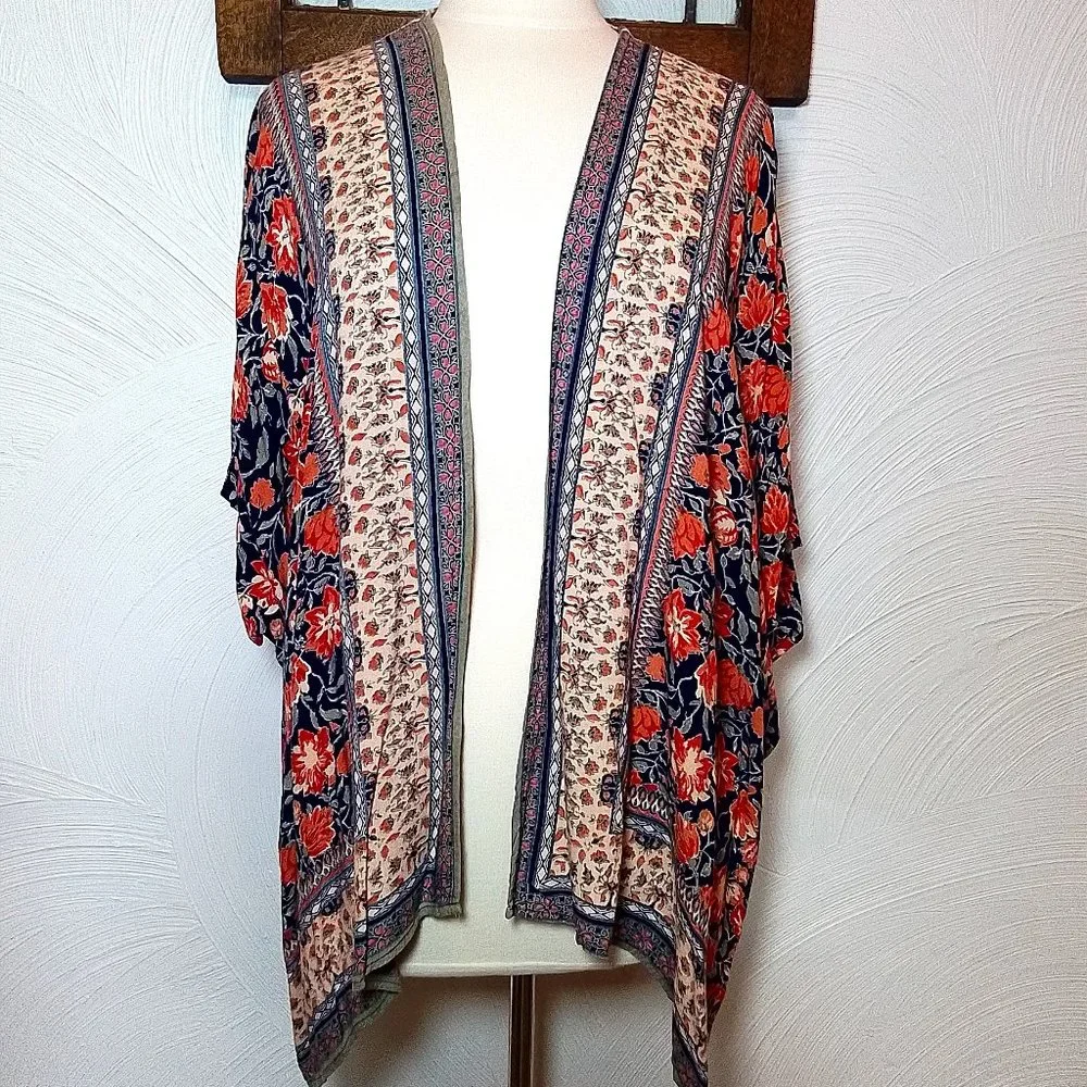 Angie Boho Floral Kimono Open Front Navy Blue & Pink size M - Picture 1 of 6